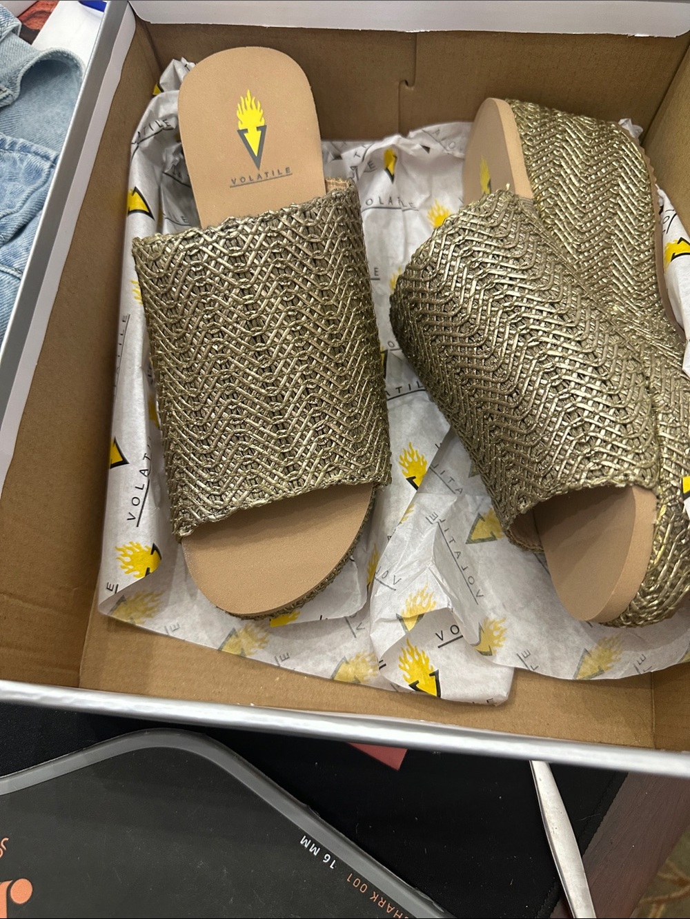 Volatile Metallic Gold Woven Slide Mules